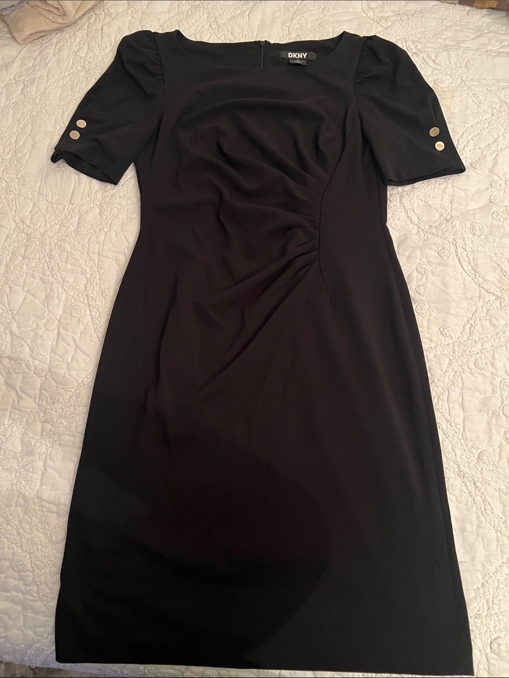 DKNY Black Ruched Midi Dress with Button Sleeve Detail